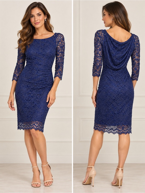 David Meister Dresses & Skirts - David Meister Navy Blue Lace Ruched Sheath Cocktail Dress Size 4